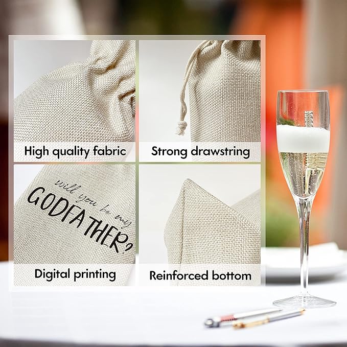 Godfather Wine Gift Bags - Gift for Godfather, Uncle, Godparent, Baptism - Reusable Burlap With Drawstring Gift Bag (5.5"x 13.5")-1 Pcs/jiu066