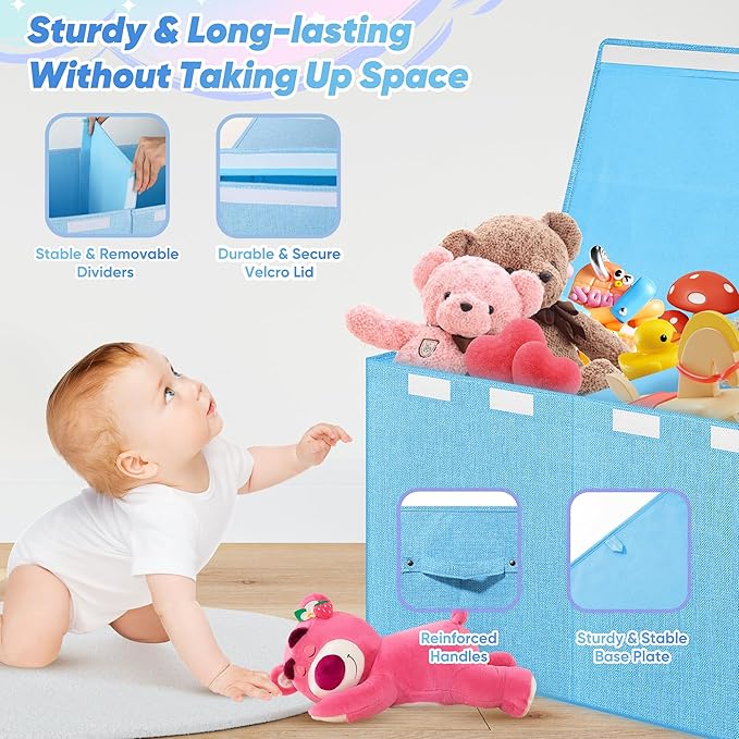 Extra Large Toy Box, Toy Box for Kids Boys Girls, Collapsible Sturdy Toy Storage Organizer with Mesh Pockets, 41"x14"x16" Kids Toy Chest Boxes Bins Baskets for Nursery, Playroom, Blue