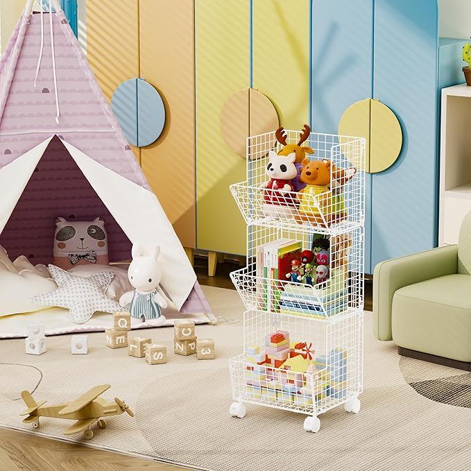 Sonyabecca Toy Organizer Basket Shelf with Wheel, S-Hooks, Rolling Cart Hanging Storage Baskets for Child Room, Playroom, Bedroom, Kitchen (White)