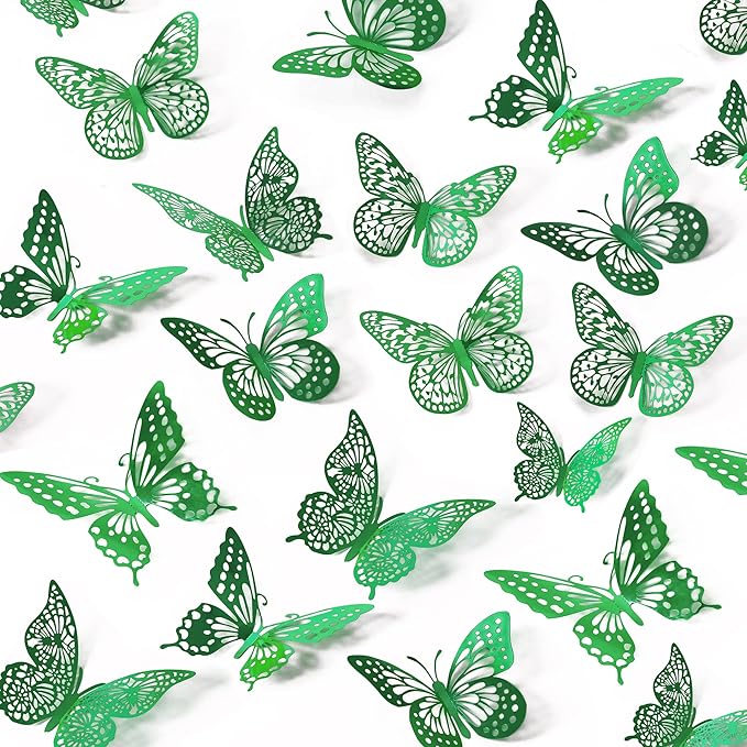 SAOROPEB 3D Butterfly Wall Decor 48 Pcs 4 Styles 3 Sizes, Green Butterfly Birthday Decorations Butterfly Party Decorations Butterfly Cake Decorations, Removable Stickers (Dark Green)