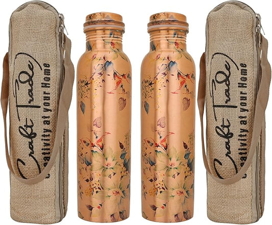 Craft Trade Pure Copper Water Bottle for Drinking 32oz Vintage Antique Set Of 2 Bottle Travel Bottle for Gym, Office, Hiking, Outdoor Ayurvedic Water Vessel