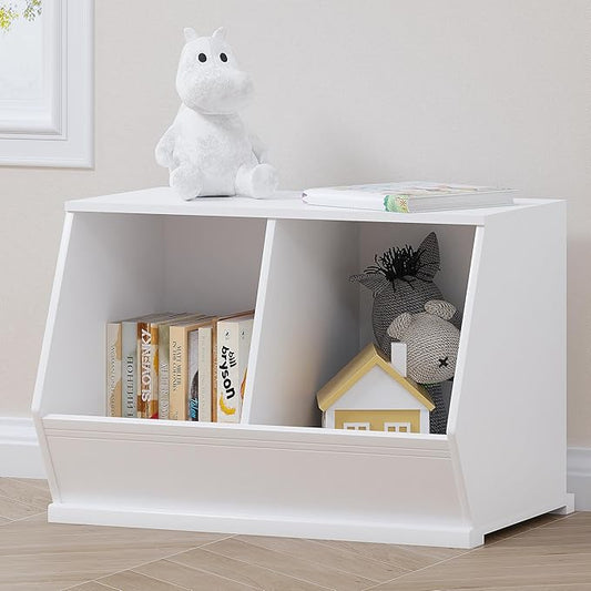 UTEX Toy Storage Organizer for Kids, Stackable Toy Storage Cabinet, Wooden Cubby Toy Organizer, White Toy Shelf for Playroom, Bedroom, Living room, Nursery, 2 Cubes