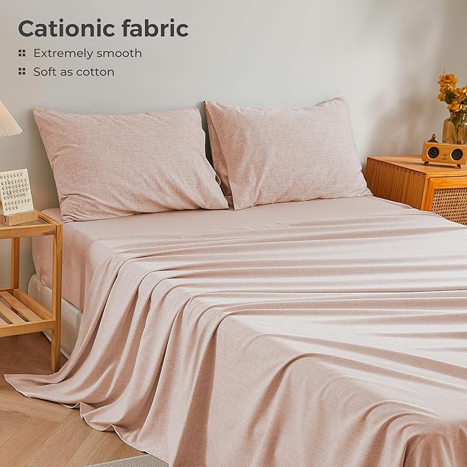 Twin Sheets Light Pink, Ultral Soft Cationic Linen Look Sheets, Luxury Cooling Cozy Bed Sheet Set with Non-Slip Fitted Sheet