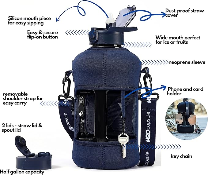 H2O Capsule 2.2L Half Gallon Water Bottle with Storage Sleeve and Covered Straw Lid – BPA Free Large Reusable Drink Container with Handle - Big Sports Jug, 2.2 Liter (74 Ounce)