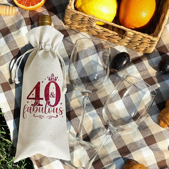 Wine Canvas Bag, 40 Year Old Birthday Wine Gift Bag, 40th Birthday Gift for Women Wife, Wine Bags for Wine Bottles, 40 & Fabulous Wine Champagne Gifts With Drawstring Birthday Party Decoration -WB02