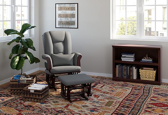 Storkcraft Tuscany Custom Glider and Ottoman with Free Lumbar Pillow (Espresso/Grey) - Cleanable Upholstered Comfort Rocking Nursery Chair with Ottoman