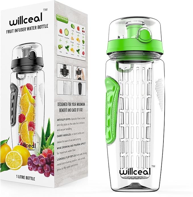 Fruit Infuser Water Bottle 32oz- Durable, Large - BPA Free Tritan, Flip Lid, Leak Proof Design - Sports, Camping