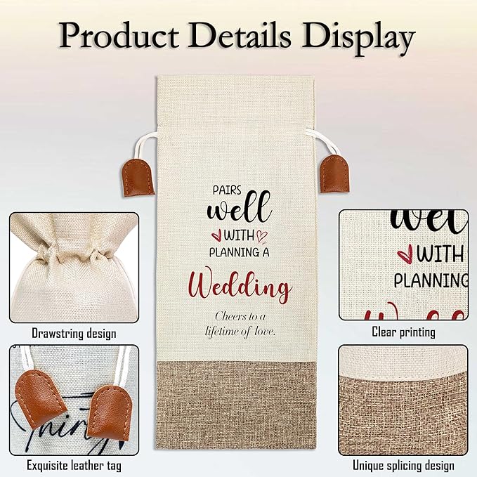 Wedding Wine Bag, Engagement Gifts for Couples, Cotton Linen Wine Gift Bag With Drawstring, Mr and Mrs Marriage Wedding Gifts, Bridal Shower Gift for Women Besties Friends, Bachelorette Party-24