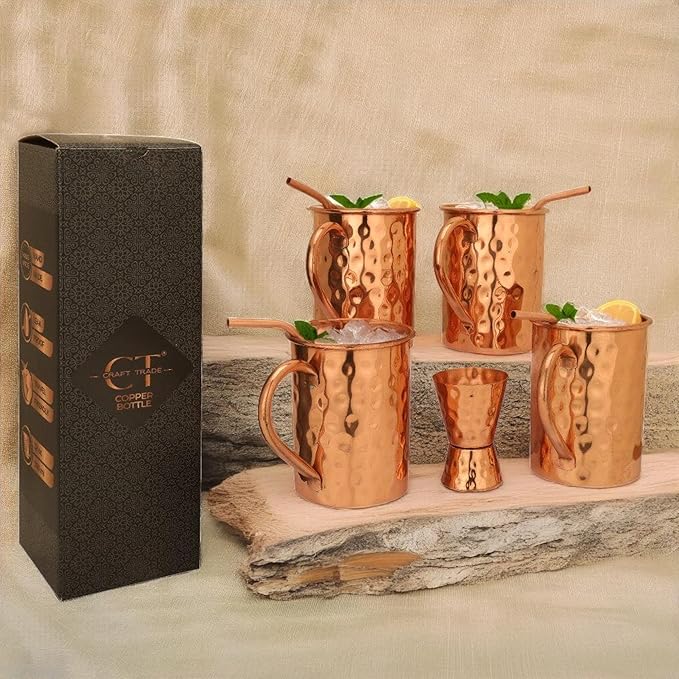 Moscow Mule Copper Mugs - 100% Hammered HANDCRAFTED 16 oz Christmas Gift Set Premium Quality Cocktail Copper Straws and Jigger! - Set of 4 Mug with Shot Glass -Pure Solid Mugs 4 Perfect Cocktail Mug