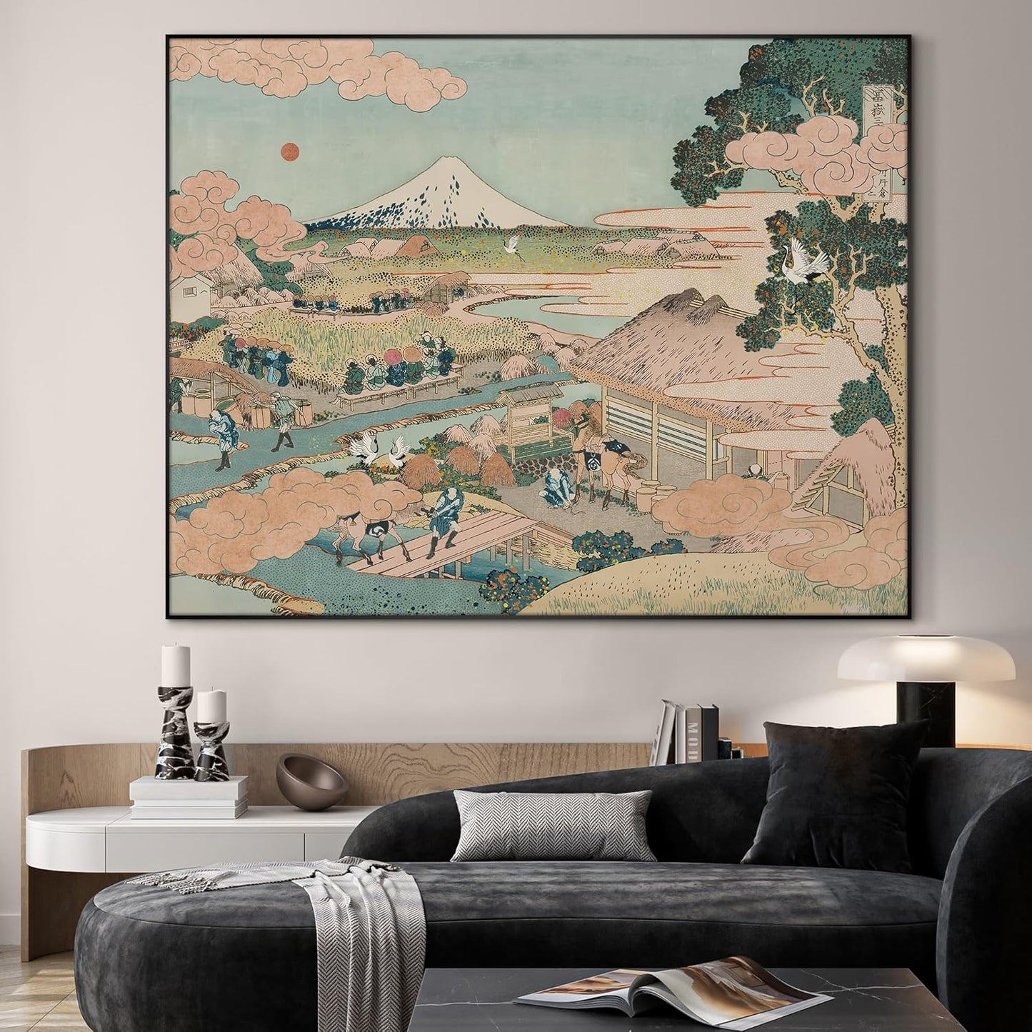 SIGNWIN 46"x60" Extra Large Framed Wall Art Japanese Ukiyo-e Landscape, Timeless Mt. Fuji Scene for Zen-Inspired or Asian-Style Interiors for Home Living Room Bedroom Decor (Frame Assembly Required)