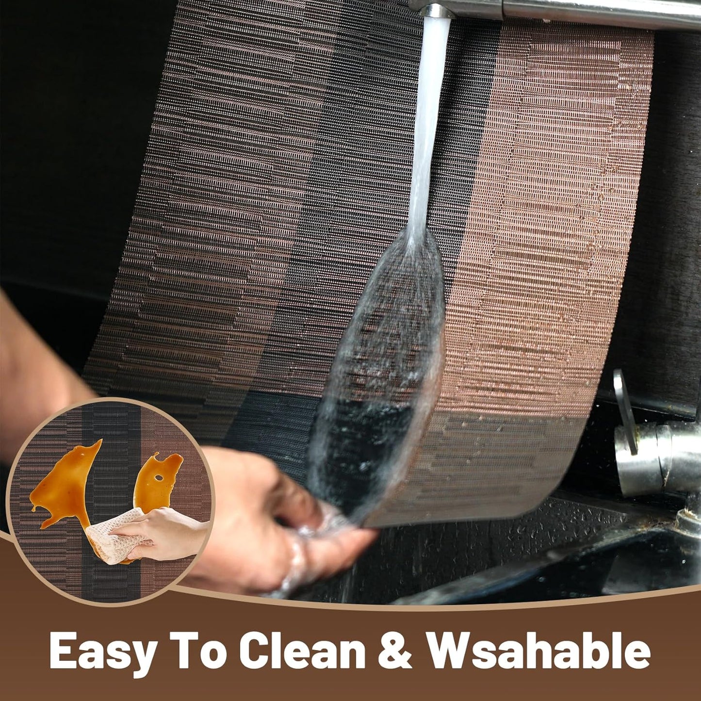 Placemats Set of 12，Non-Slip PVC Weave Table Mats Easy to Clean，Heat Resistant Place Mats for Kitchen Dining Table Decoration Indoor Outdoor，Black Brown