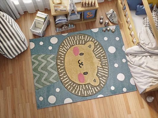 KC Cubs Boy & Girl Modern Decor Multicolor Area Rug and Carpet Collection for Kids, Toddlers and Baby Nursery, Animal Faces Blue Lion