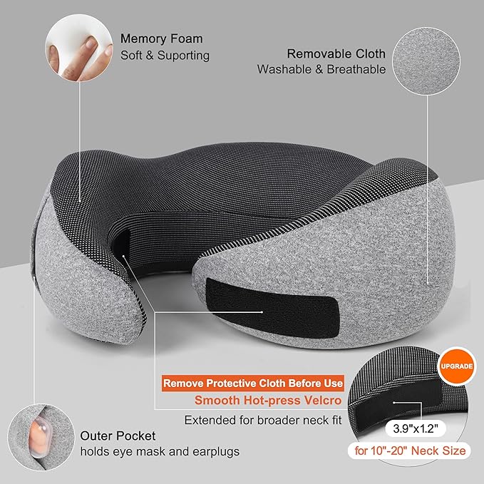 MULIHOMI™ Travel Pillow for Airplane with 100% Memory Foam, 360° Adjustable Full Surrounding Flying Neck Pillows, Travel Pillow Set (Grey)