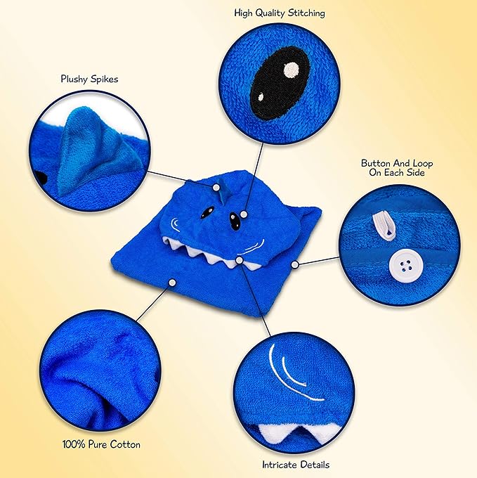 Premium Hooded Towel Poncho for Kids & Toddler - 100% Cotton (Blue Shark)