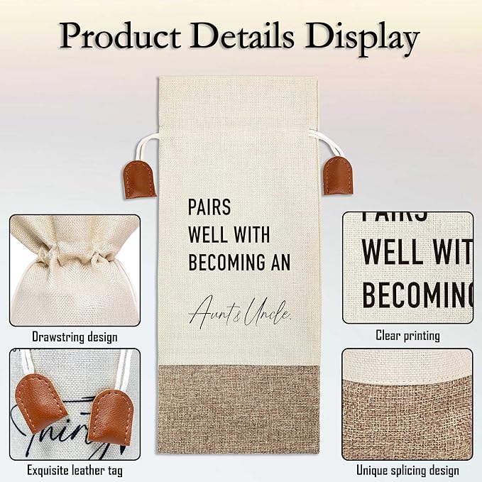 Pairs Well With Becoming Aunt & Uncle Wine Bag, Wine Champagne Bottle Gift Bag, Cotton Linen Wine Gift Bag With Drawstring, Gift for Pregnancy Announcement, New Aunt Uncle for Baby Announcement-15