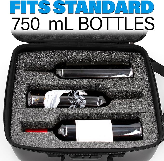 CASEMATIX Wine Travel Case for 3 Bottles with Locking Zipper, Shock-Absorbing Foam & Adjustable Carrying Strap - Protective Wine Suitcase for Storage, Padded Wine Bag Tote Alcohol Carrying Case