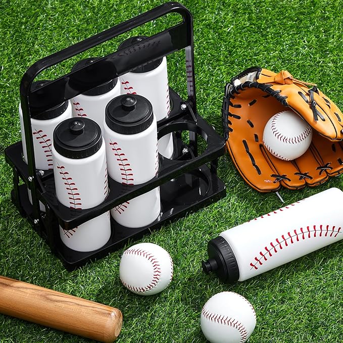 Water Bottle Carrier with 6 Bottles 20 oz Baseball Water Bottles for Boys with Carrier Squeeze Water Bottles Sports Team Water Bottles with Carrier for Fitness Bike Gym