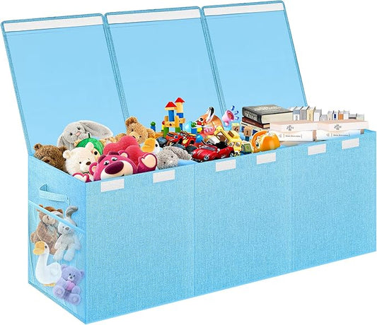 Extra Large Toy Box, Toy Box for Kids Boys Girls, Collapsible Sturdy Toy Storage Organizer with Mesh Pockets, 41"x14"x16" Kids Toy Chest Boxes Bins Baskets for Nursery, Playroom, Blue