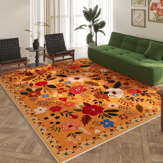 Area Rugs 8x10 Rug for Living Room Clearance Washable Boho Area Rug Non Slip Floral Vintage Low Pile Large Rug for Living Room, Bedroom, Farmhouse, Dining Room, Kids Playroom(Yellow)
