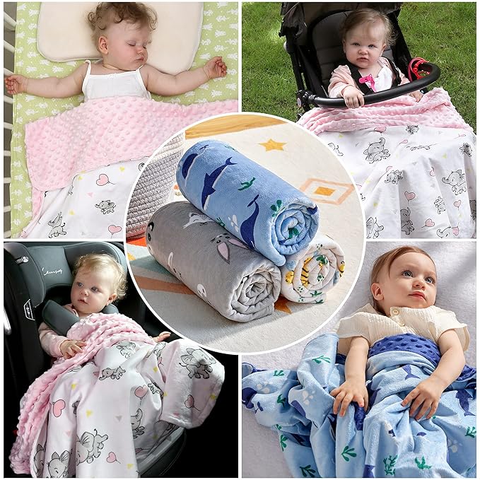 DaysU Silky Micro Soft Plush Baby Blankets for Boys with Print Animal Pattern and Soothing Raised Dots, Double Layer Bed Throws for Baby Crib, Shark Whale, Blue, 30x40 Inches