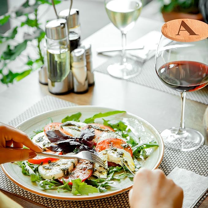 Personalized Wine Glass Charcuterie Topper - Custom Laser Engraved Initial Bamboo Wine Glass Topper Stopper Coasters Plate ID Identification Wine Glass Charcuterie Board Topper (Letter A)