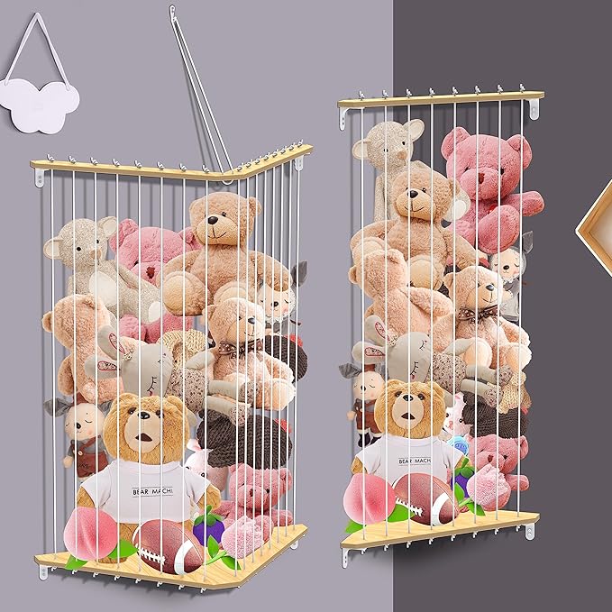 Stuffed Animal Storage Wood Corner Plush Toys Holder, 2-in-1 Splice and Length Adjustable Hanging Stuffed Animal Toy Organizer Shelf for Nursery Kid Room Play Room Bedroom (2PCS)