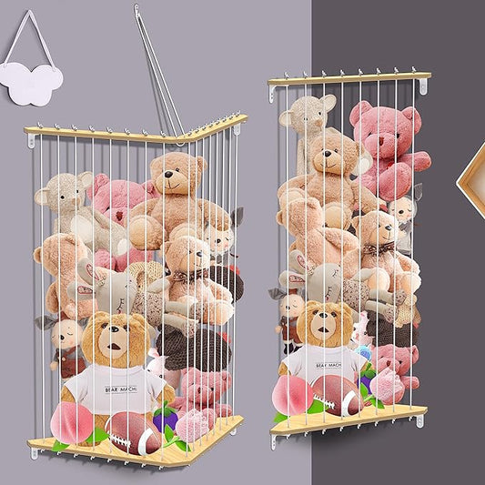 Stuffed Animal Storage Wood Corner Plush Toys Holder, 2-in-1 Splice and Length Adjustable Hanging Stuffed Animal Toy Organizer Shelf for Nursery Kid Room Play Room Bedroom (2PCS)