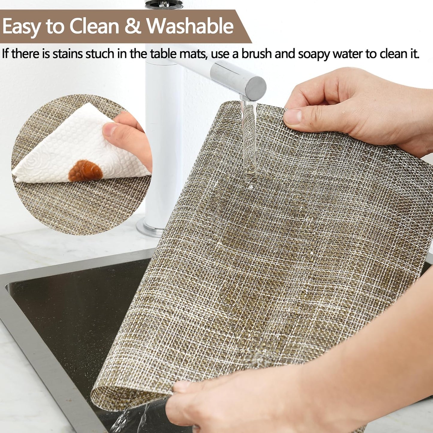 Placemats Set of 4 - Easy Clean Washable Vinyl Placemats - Wipeable Heat Resistant Table Mats for Dining Table - 17.7x11.8 Inch (4, Gray & Gold Two-Tone)