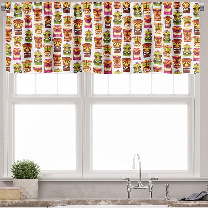 Ambesonne Tiki Bar Valance & Tier Curtain 3 pcs Set, Sixties Retro Inspired Hawaiian Party Happy Tiki Pattern Colorful, Window Treatments for Kitchen Room Decor, 55" x 30", White Brown