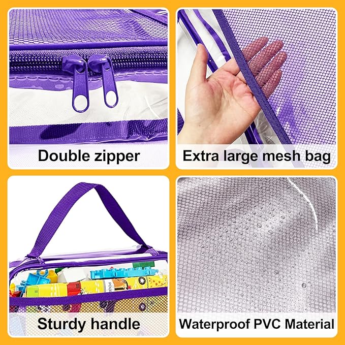 VERONLY 4 Packs PVC Toy Zippered Blocks, Travel Storage Case Bags for Organizing, Waterproof Toy Storage Bags with Mesh Pockets for Building Blocks, Puzzles, Clays,Toy Cars 11.8" Lx3 Wx9 H (Purple).