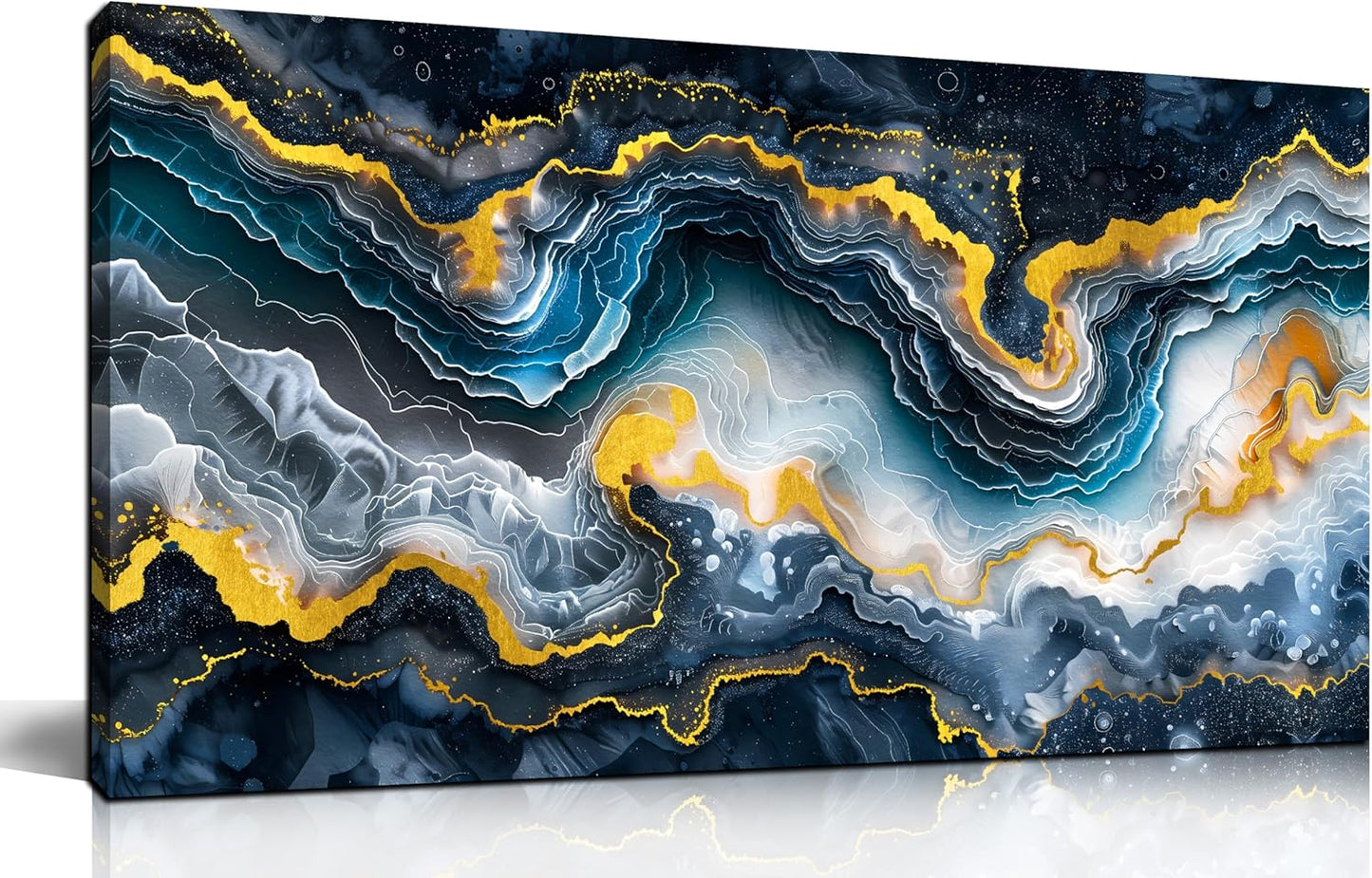 GUGIKA Abstract Wall Art for Living Room, Gold Black and Blue Canvas Wall-Art for Bedroom, Ocean Landscape Print Paintings, Size 40x20 Inches