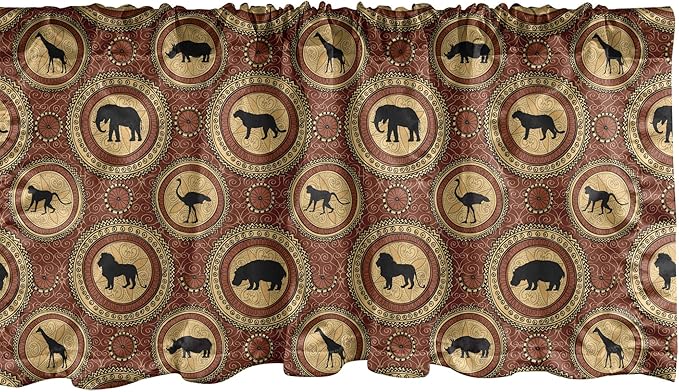 Ambesonne Savannah Window Valance, Medallion Pattern of Monkey Giraffe Lion African Inspired Ethnic Design, Curtain Valance for Kitchen Bedroom Decor with Rod Pocket, 54" X 18", Mustard and Brown