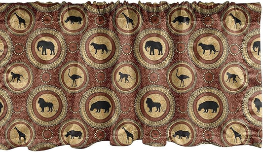 Ambesonne Savannah Window Valance, Medallion Pattern of Monkey Giraffe Lion African Inspired Ethnic Design, Curtain Valance for Kitchen Bedroom Decor with Rod Pocket, 54" X 12", Mustard and Brown
