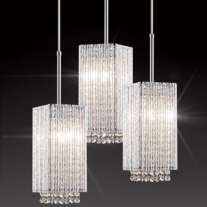 MO&OK 3 Pack Crystal Chandelier Modern Pendent Lights Adjustable Hanging Lighting with Metal Lampshade Rectangle Chandeliers for Kitchen Island Dinningroom,Entrance Living Room H9.8 xD5.2 Chrome