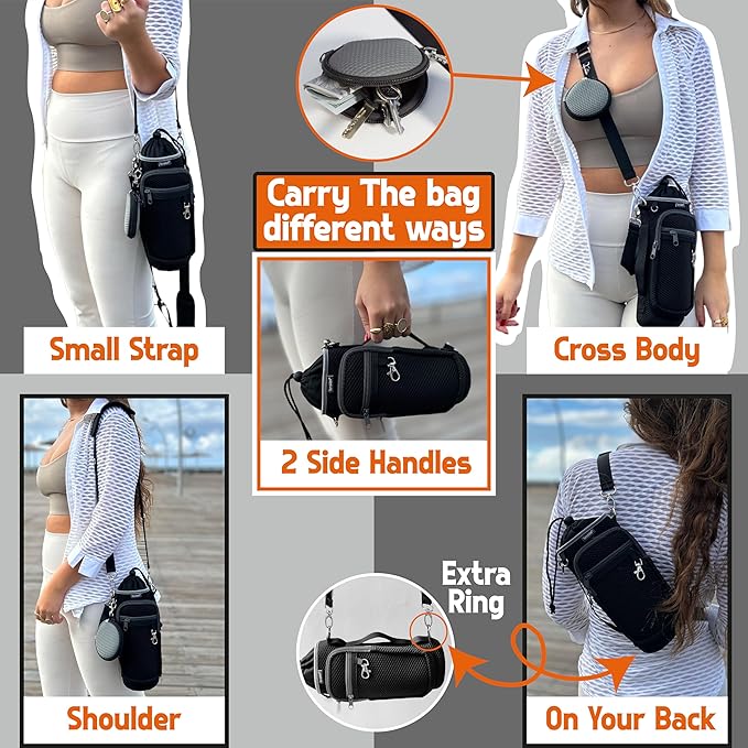 Water Bottle Holder with Strap - Water Bottle Carrier Sling Bag Crossbody with Metal Clips and Rings, Keychain, Extra Small Round Purse, Hook and Loop for Your Bike, Stroller, Backpack