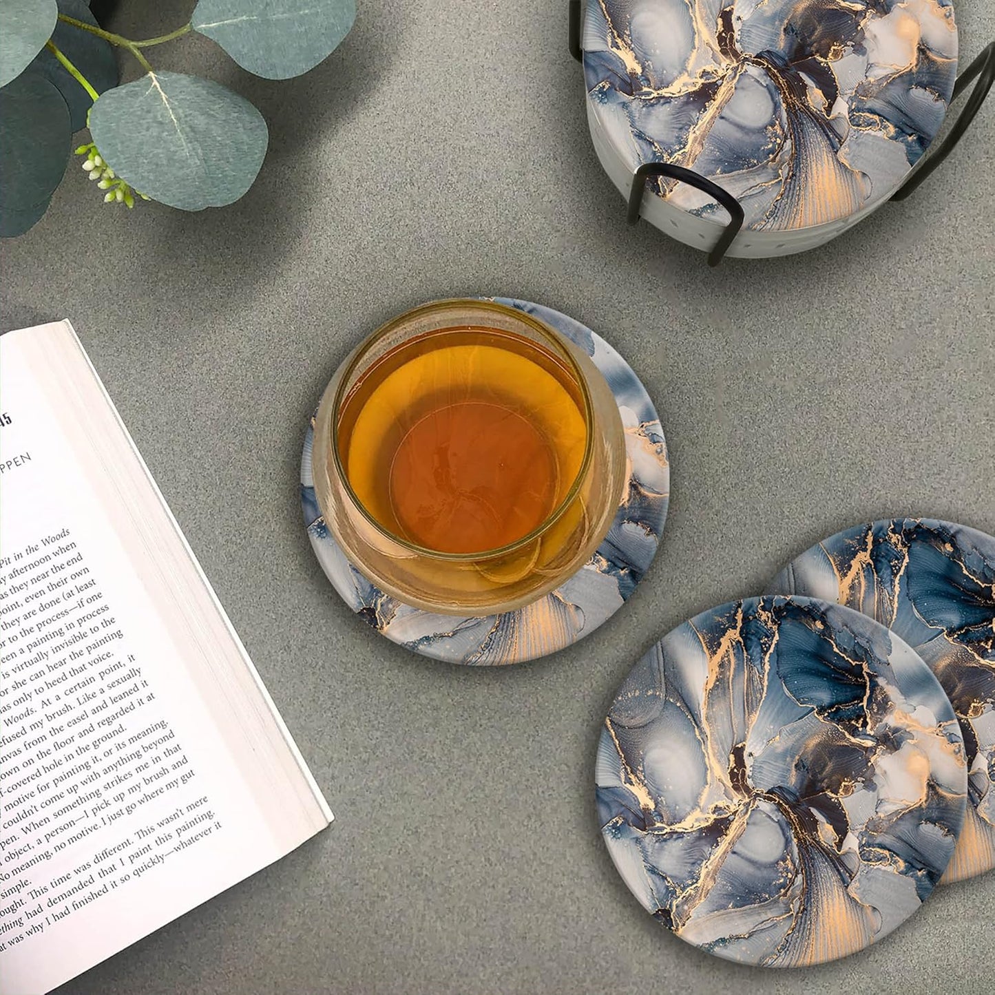 Emerson Coasters for Drinks Absorbent – Natural Stone Drink Coasters Set with Holder, Coasters for Coffee Table, Wooden Tabletop Protection Marble Style – 100% Heavy Duty Set of 6 (Atlas)