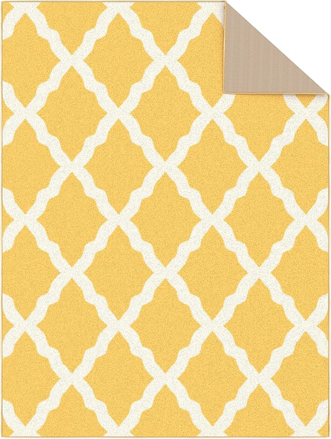 Machine Washable Moroccan Trellis Design Non-Slip Rubberback 5x7 Traditional Indoor Area Rug for Living Room, Bedroom, Dining Room, 5' x 6'6", Yellow
