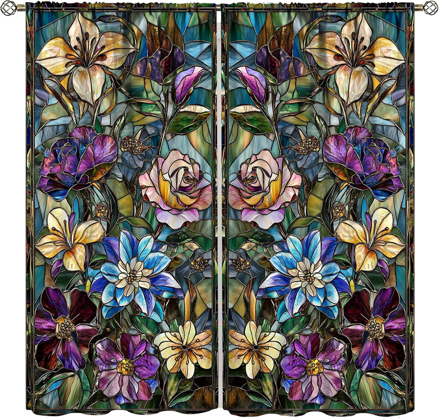 Stained Glass Curtains,Retro Colored Glass Flowers Art Home Decor Drapes for Bedroom Living Room Kitchen Window Treatment 2 Panels Set Total Size 42" W X 54" L Inch