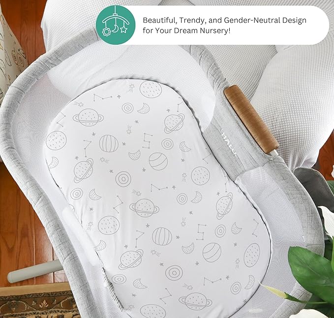 TansyPanda Bassinet Sheets for Halo Bassinest Swivel, Flex, Glide, Premiere and Luxe Series Sleeper, Pack of 3, 33 X 17 Inch, Ultra Soft and Snug Fit, Unisex Boys Girls, Gray White (Space Rockets)