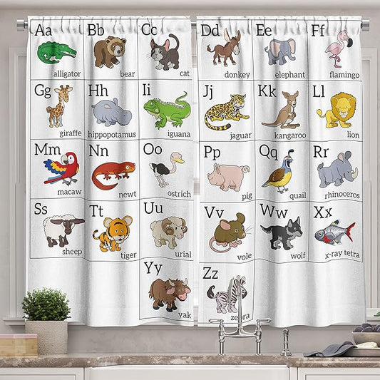 Ambesonne ABC Long Kitchen Curtains, Alphabet Learning Chart Cartoon Animals Names Letters Upper and Lowercase Print, Two Panels Drapes with Rod Pocket Room Decor, 55" x 45", Black Brown