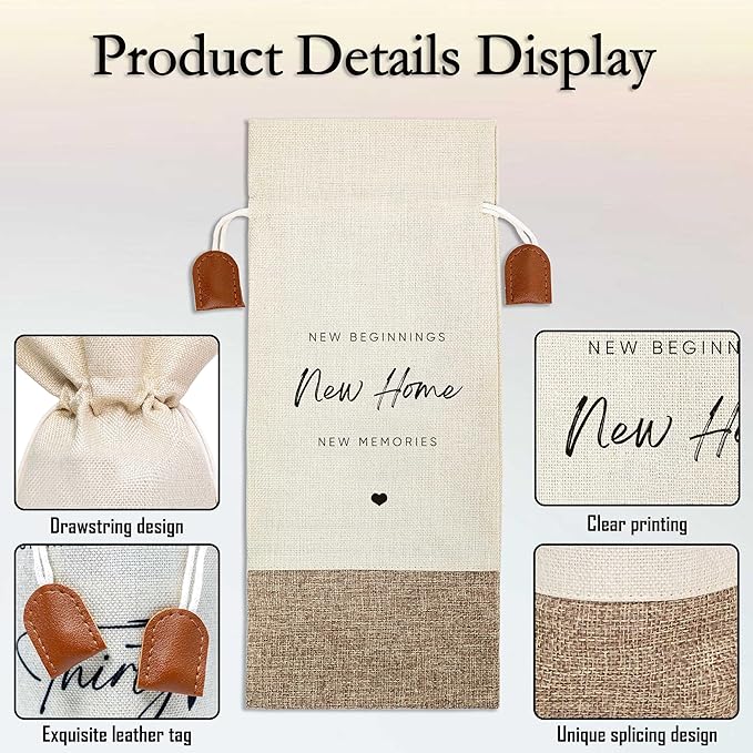 Housewarming Gifts Wine Bag, First New Home House Homeowner Gift, Cotton Linen Wine Gift Bag With Drawstring, Client Gift From Realtors, Sweet Home Congrats Gift for Women Men Wife Husband-17