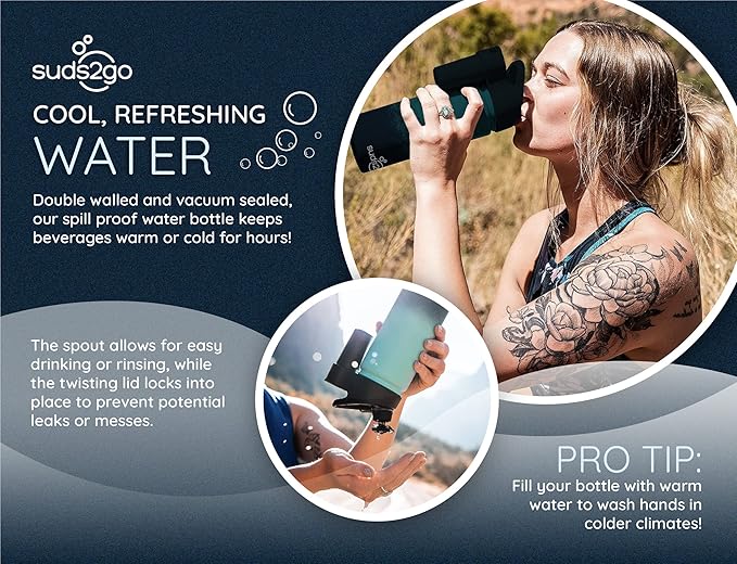 Portable Stainless Steel Water Bottle and Hand Wash System (20oz) - Double Walled and Vacuum Sealed with Leakproof Lid- Lightweight Design for Camping, Sports and Travel