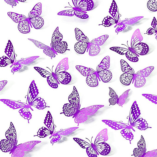SAOROPEB 3D Butterfly Wall Decor 48 Pcs 4 Styles 3 Sizes, Purple Butterfly Decorations for Birthday Decorations Butterfly Party Decorations Cake Decorations, Removable Stickers (Purple)