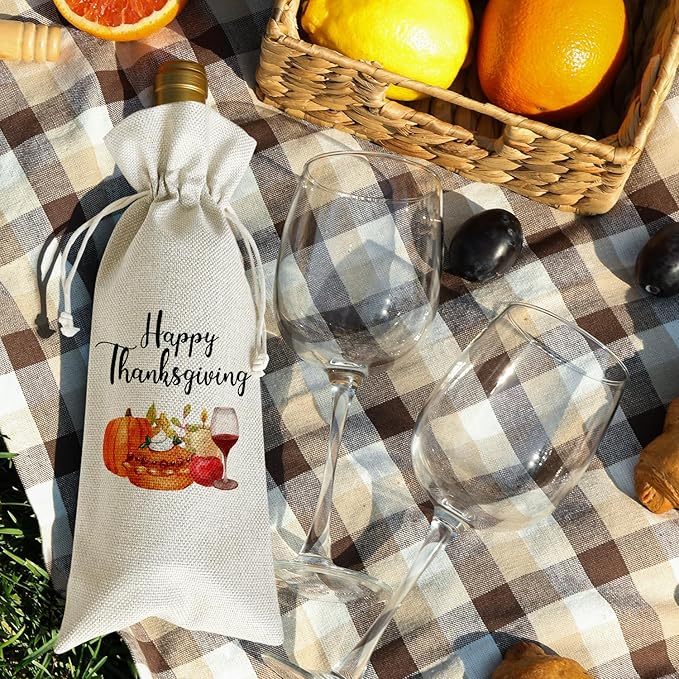 Pumpkin Wine Canvas Bag, Thanksgiving Wine Gift Bag, Thanksgiving Gifts for Men Friends Autumn Harvest Party Wine Bags for Wine Bottles, Wine Gifts With Drawstring Holiday Fall Party Decoration -WB39