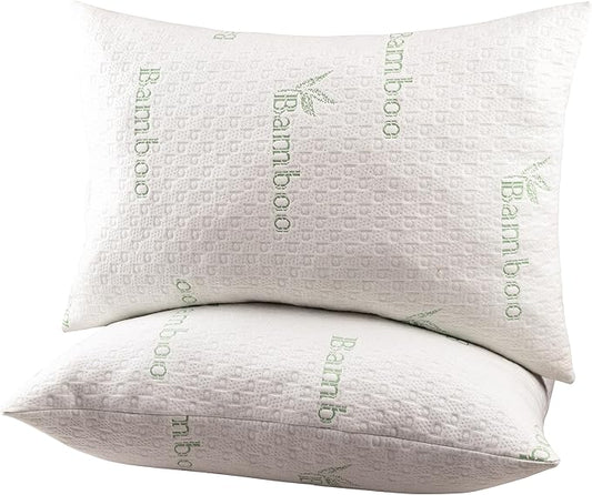 Queen Size Bamboo Pillow for Sleeping with Plush Fiber Fill Pillow Queen Size Set of 2, for Side Back Stomach Sleeper with Adjustable to Soft/Firm, Washable Cover, (Pack of 2)