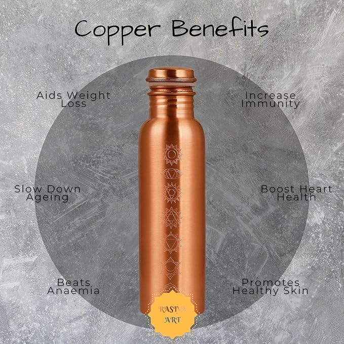Pure Copper Metal Water Bottle - 32 oz - Indian Handmade Ayurveda Healing Drinking Water Bottle for Travel, Hiking, Gym, Office, Outdoor - Glossy Seven Chakras