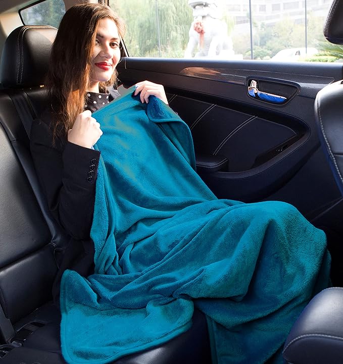 BlueHills Premium Soft Travel Blanket Pillow Airplane Blanket in Soft Bag case with Hand Luggage Belt and Carabiner Compact Pack Large Cozy Blanket for Plane Car Train Teal Blue T022