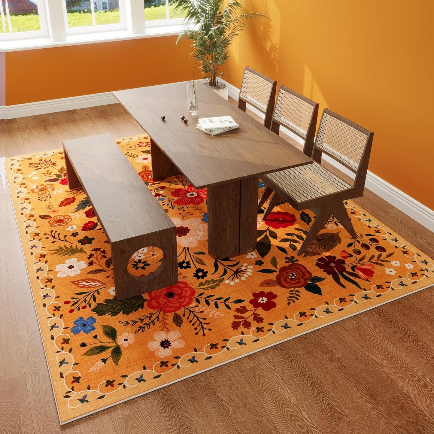 Area Rugs 8x10 Rug for Living Room Clearance Washable Boho Area Rug Non Slip Floral Vintage Low Pile Large Rug for Living Room, Bedroom, Farmhouse, Dining Room, Kids Playroom(Yellow)