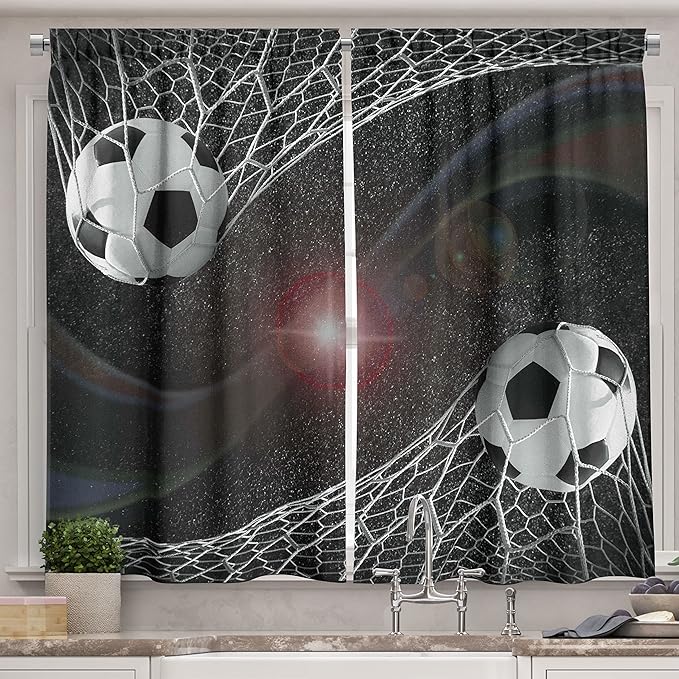 Ambesonne Teen Room Long Kitchen Curtains, Soccer Balls Goal Match Success Concept in The Outer Space Winner Glory Theme, Two Panels Drapes with Rod Pocket Room Decor, 55" x 45", Black Magenta