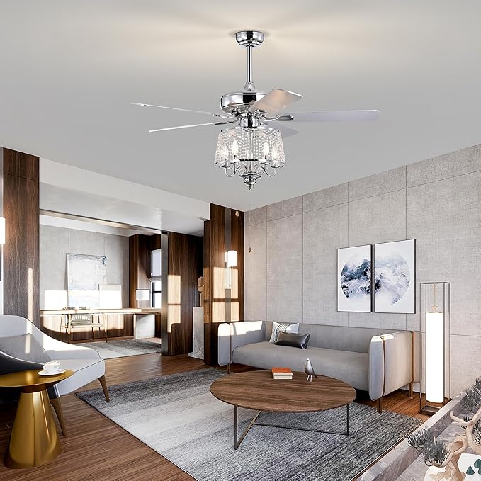 NicBex Ceiling Fan 52 Inch Modern Ceiling Fan with Lights Ceiling Fans with 5 Reversible Blades and Remote Control Ceiling Fan with Crystal Shade for Bedroom, Living Room, Silver